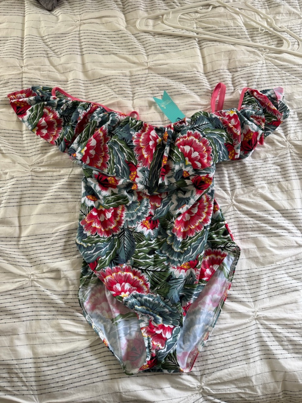 Simply Be Floral Off-Shoulder One-Piece Swimsuit in Green, Pink and White